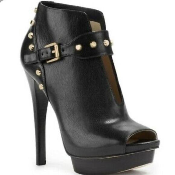 MICHAEL KORS Women's Black Leather Ailee Gold Studded Peeptoe Booties Sz 9.5 - Picture 1 of 10